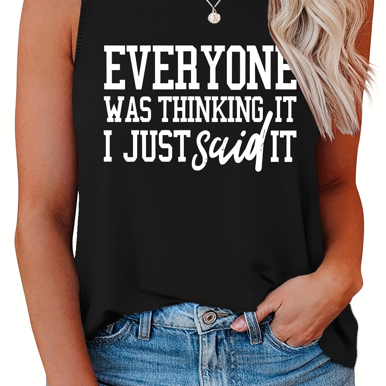 Casual Tank Top Women's Plus Slogan Print Round Neck Tank Top