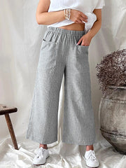 Striped Wide Leg Pants Elastic Waist With Pockets
