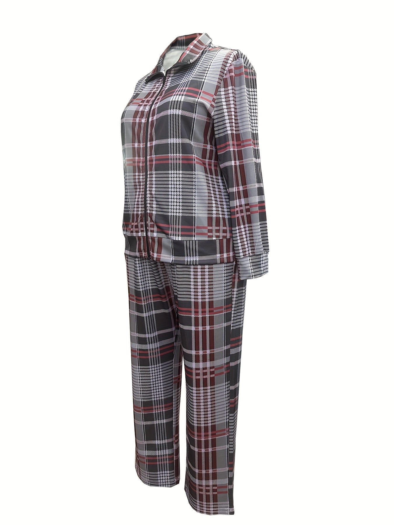 Plaid Print 2 Piece Set Zipper Top & Pants
