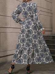 Damask Print Maxi Dress V Neck Flounce Sleeve Waist Nipped