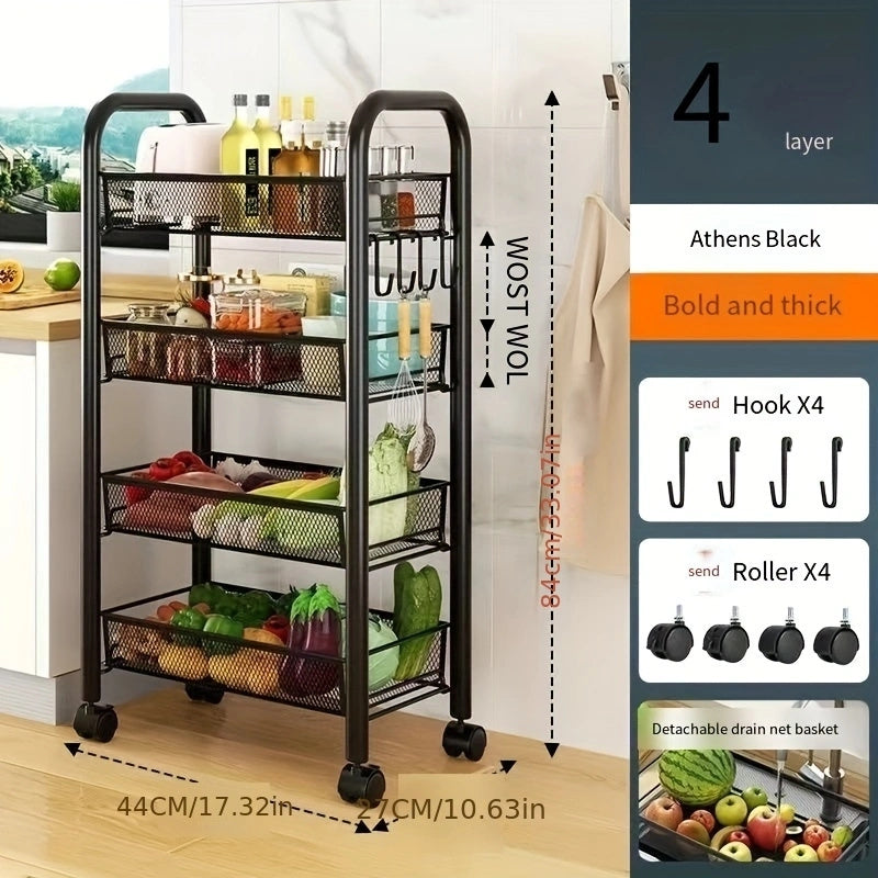 4 Tier Kitchen Cart On Wheels Rolling Shelf Storage Floor Movable Small Cart