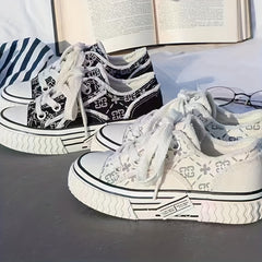 Women's Platform Canvas Print Lace Up Low Top Shoes