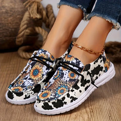 Floral & Cow Pattern Loafers Lace up Round Toe Low Top Shoes