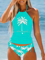 Coconut Tree Tankini Sets Halter Drawstring Tie Swimsuit