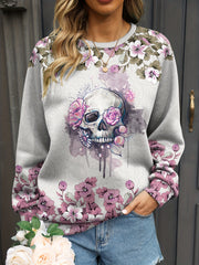 Skull & Floral Print Sweatshirt Crew Neck Women's Clothing