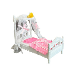Mini Princess Bed with Canopy & Lace Curtains Dollhouse Furniture for Girls
