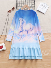 Girls Casual Rainbow Unicorn Print Crew Neck Long Sleeve Dress