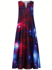 Galaxy Print V Neck Tank Dress Casual Sleeveless Dress For Spring & Summer