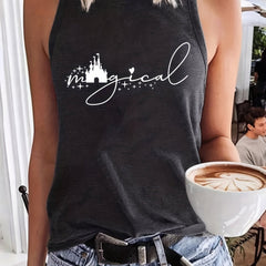 Castle & Letter Print Tank Top Sleeveless Casual Top for Women