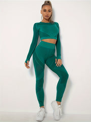 Yoga Set 2 Piece Crop Top & Leggings Stripe Hollow Out Workout Suit
