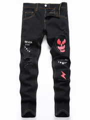Boys Ghost Face Ripped Jeans Slim Fit Washed Denim Pants