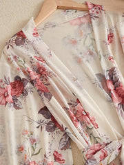 Floral Print Mesh Night Robe Long Sleeve V Neck Robe With Belt