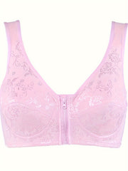 Plus Size Women's Floral Jacquard Zipper Front T-shirt Bra