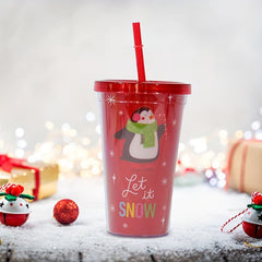 Red Double Layer Plastic Cup With Straw - 710ml Capacity