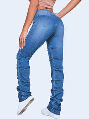High Waist Solid Stacked Jeans Stretchy Pleat Zipper Button Closure Skinny Denim