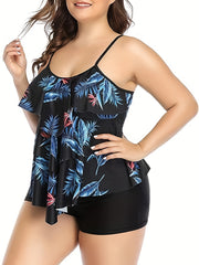 Tropical Print Ruffle Trim Tankini Set
