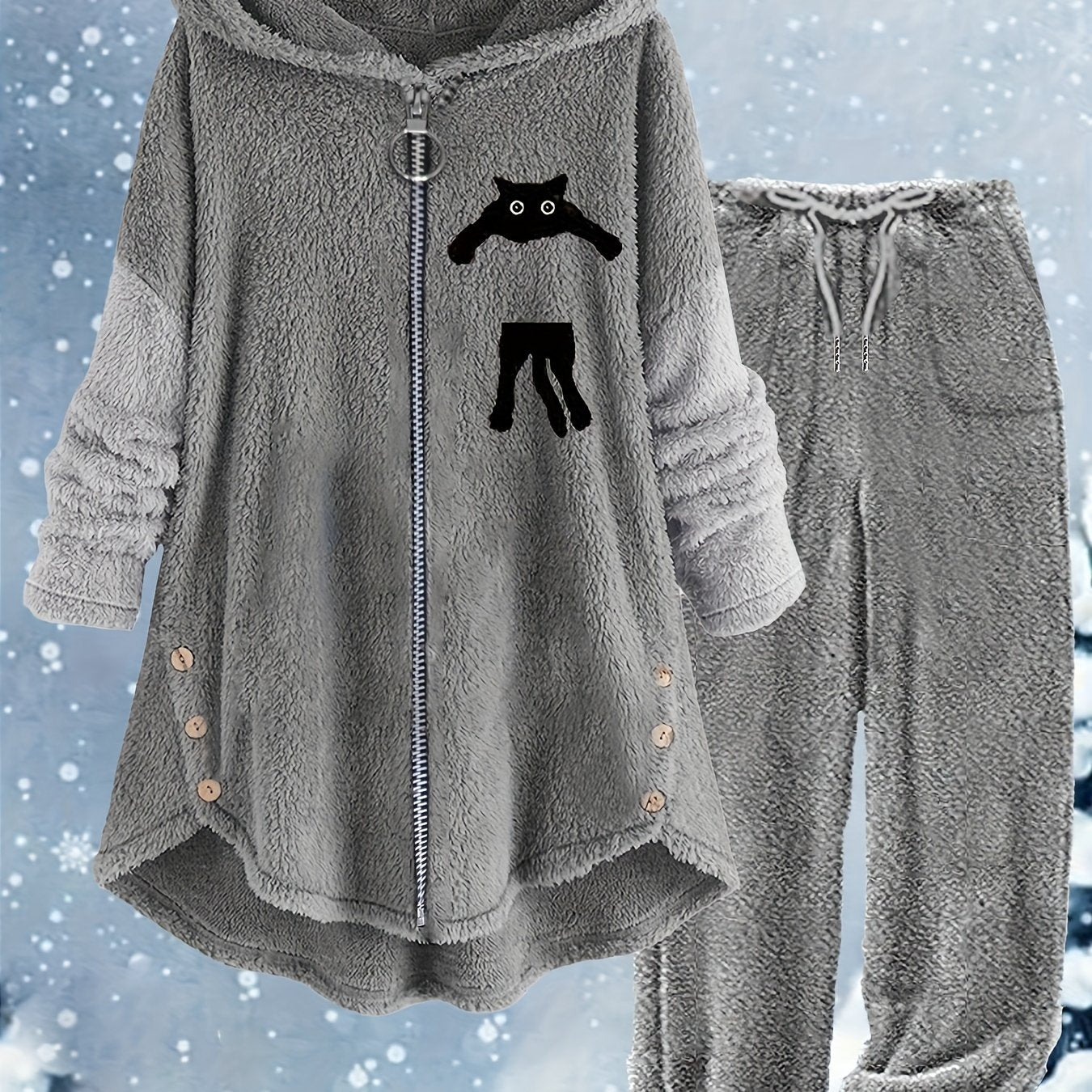 Women's Plus Cat Long Sleeve Zipper Teddy Top & Pants Set