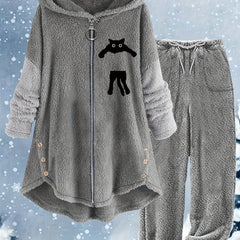 Women's Plus Cat Long Sleeve Zipper Teddy Top & Pants Set