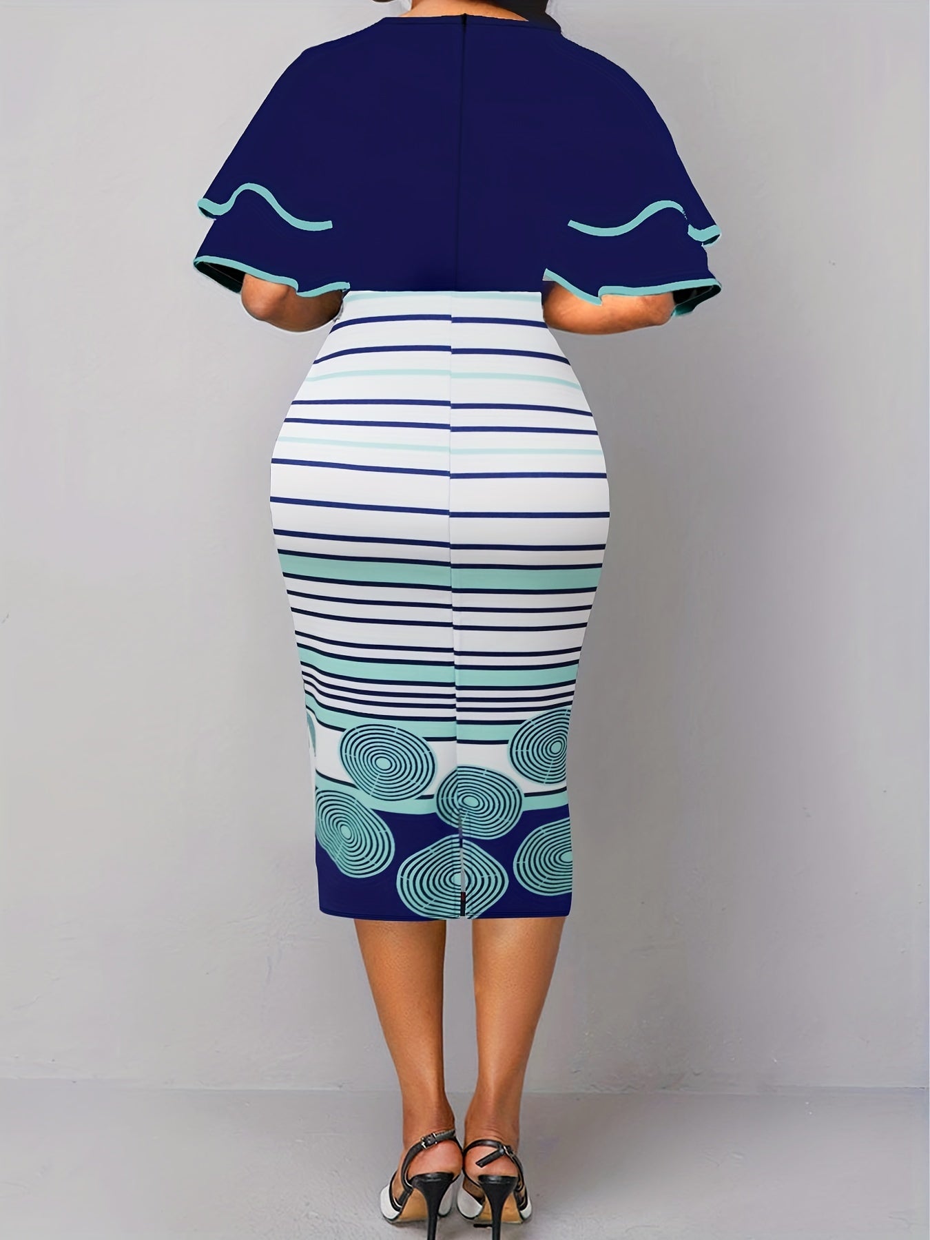 Layered Striped Print Dress Ruffle Sleeve Bodycon Dress Women's Clothing