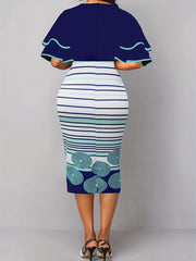 Layered Striped Print Dress Ruffle Sleeve Bodycon Dress Women's Clothing