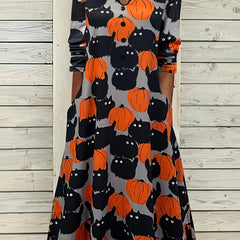 Halloween Dress Women's Plus Allover Cat & Pumpkin Print Maxi Dress