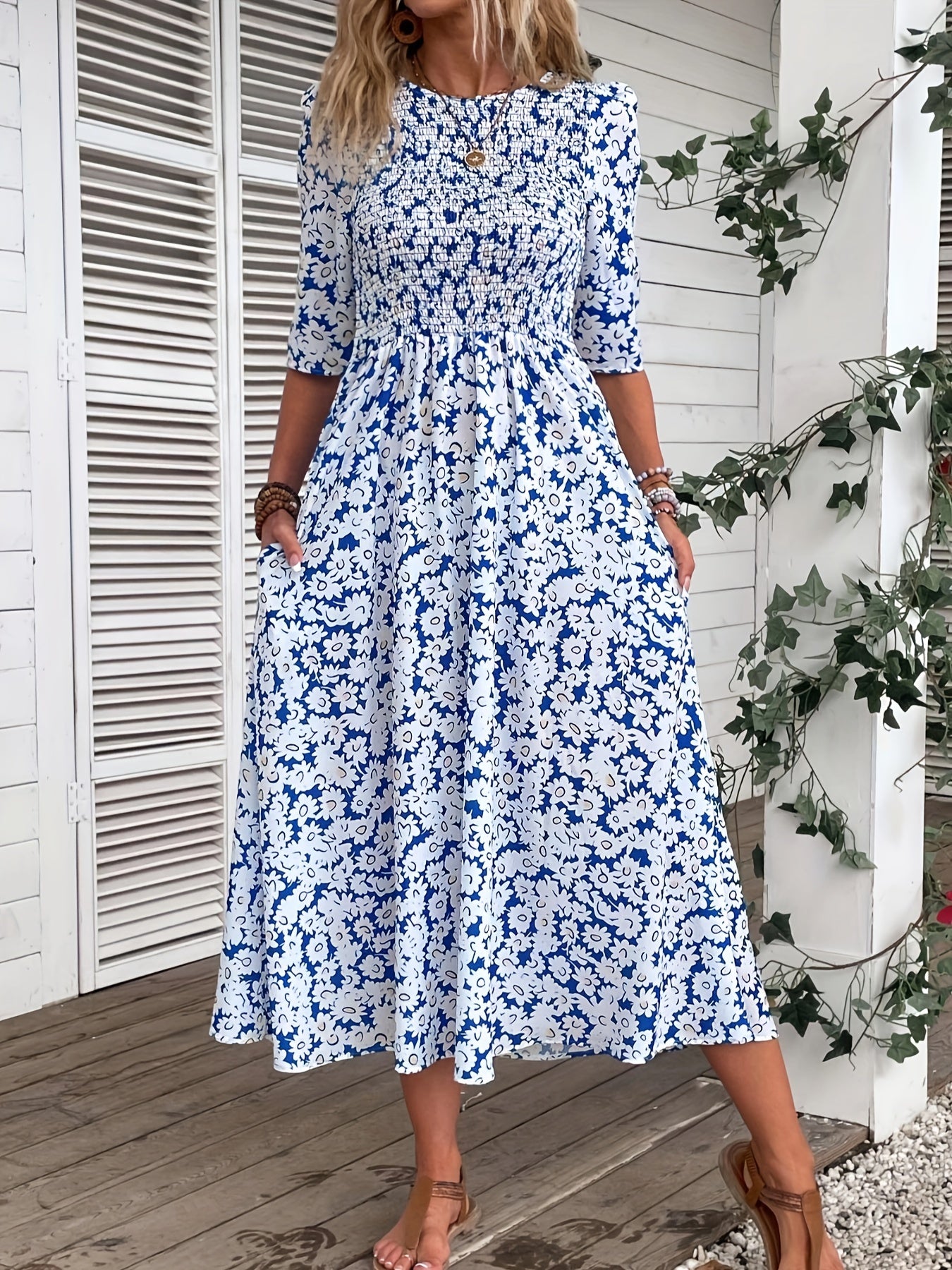 Boho Dress Women's Floral Print Shirred Sleeve Round Neck Maxi Dress