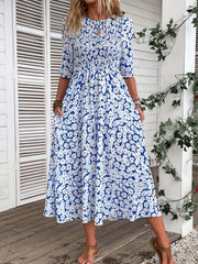 Boho Dress Women's Floral Print Shirred Sleeve Round Neck Maxi Dress