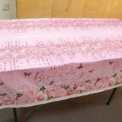 Pink Rose Flower Butterfly Tablecloth for Birthday Wedding Party