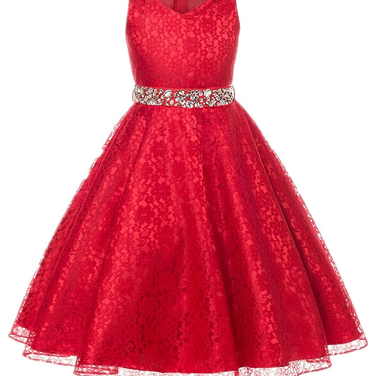 Girls Sleeveless V-neck Lace Flowers Rhinestone Princess Dress