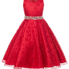 Girls Sleeveless V-neck Lace Flowers Rhinestone Princess Dress