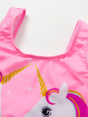 Girls Pink Unicorn One Piece Swimsuit Ruffles Patchwork Beach Bathing Suit