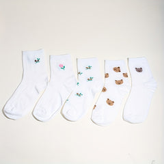 Sweet Crew Socks Teddy Bear & Floral Embroidery Women's Stockings