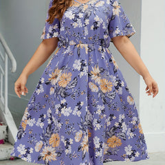 Women's Plus Floral Print Ruffle Sleeve V Neck Button Decor Split Dress