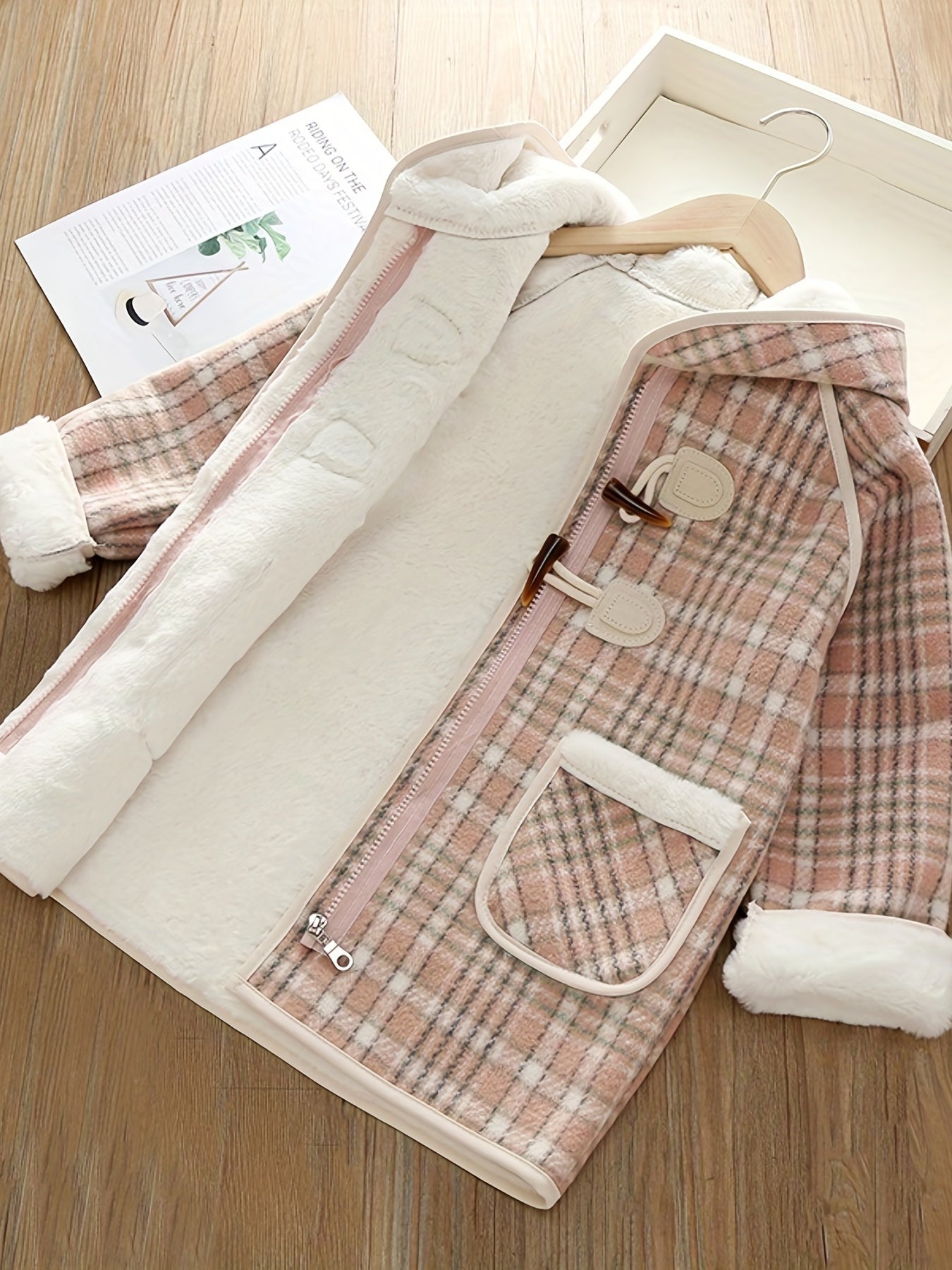 Girls' Winter Fleece Plaid Hooded Toggle Coat For Going Out