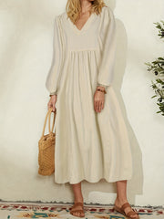 Solid Long Sleeve V-Neck Dress