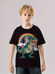 Unicorn Riding Dino Print Boys Creative T Shirt Short Sleeve Tee For Kids