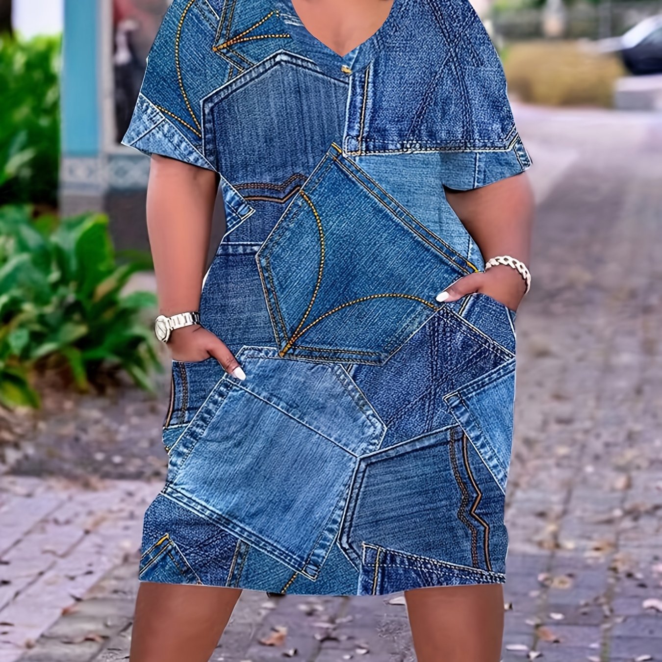 Denim Print V Neck Dress With Pockets
