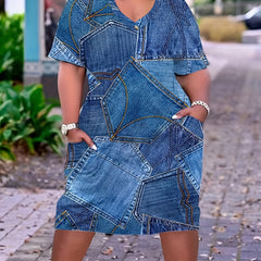 Denim Print V Neck Dress With Pockets