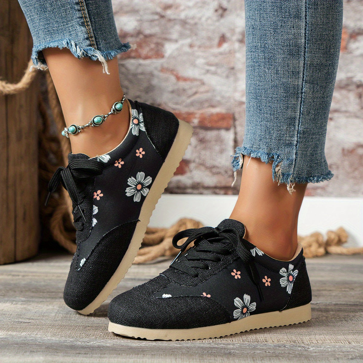Floral Print Sneakers Lace Up Outdoor Shoes Lightweight Low Top