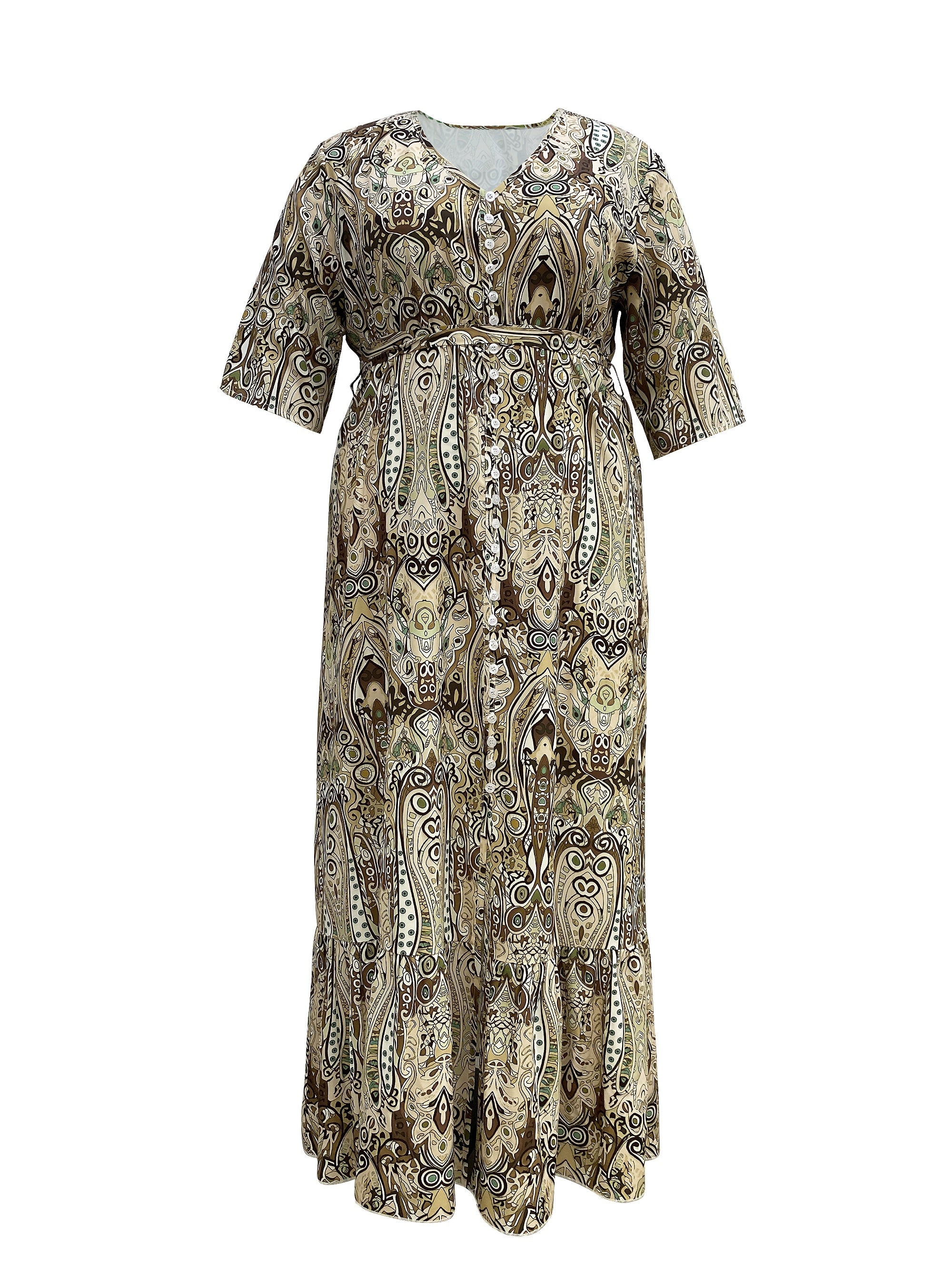 Boho Maxi Smock Dress Plus Size Paisley Print V Neck Half Sleeve