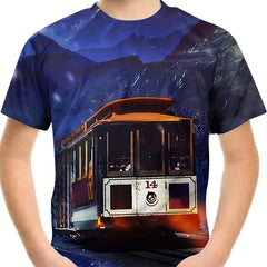Boy's Vintage Train Graphic T shirt Casual Slightly Stretch Breathable Tee