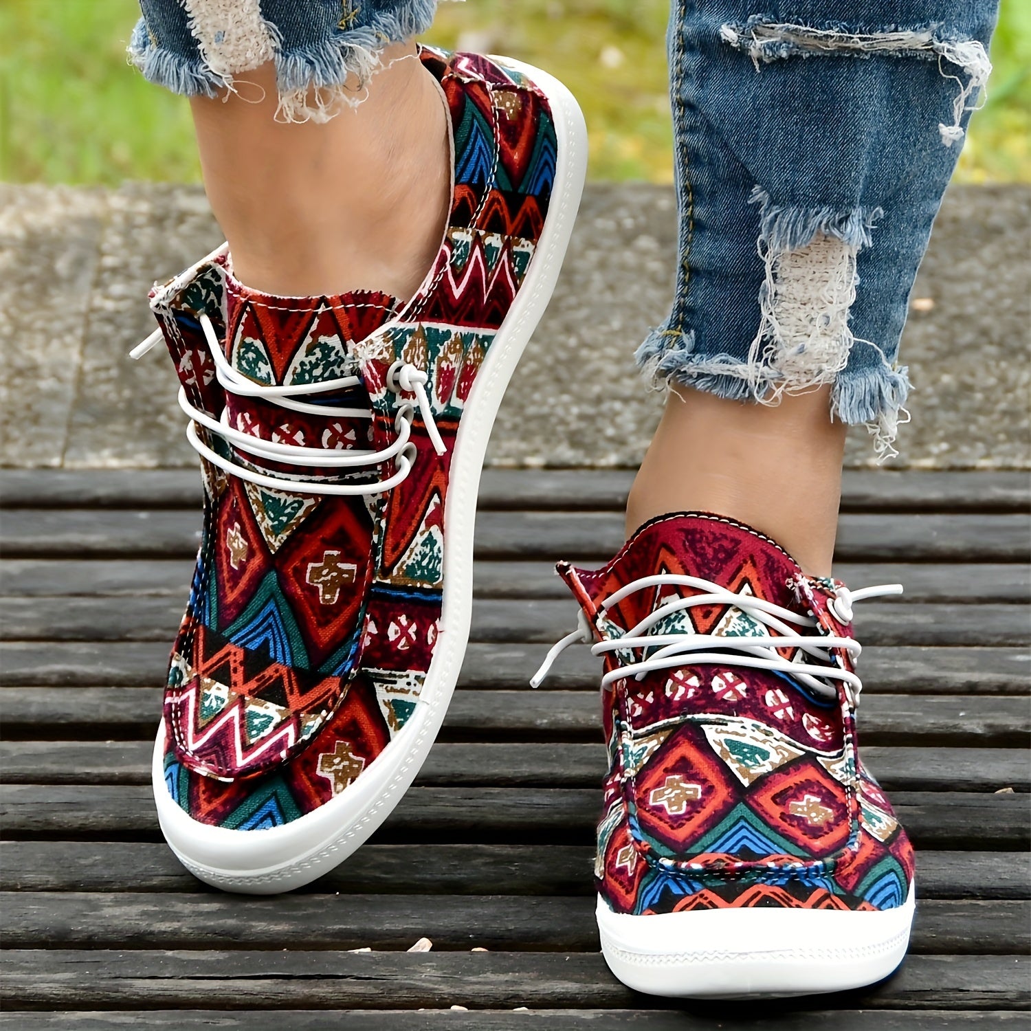 Women's Ethnic Red Boat Shoes Lightweight Flat Walking Shoes