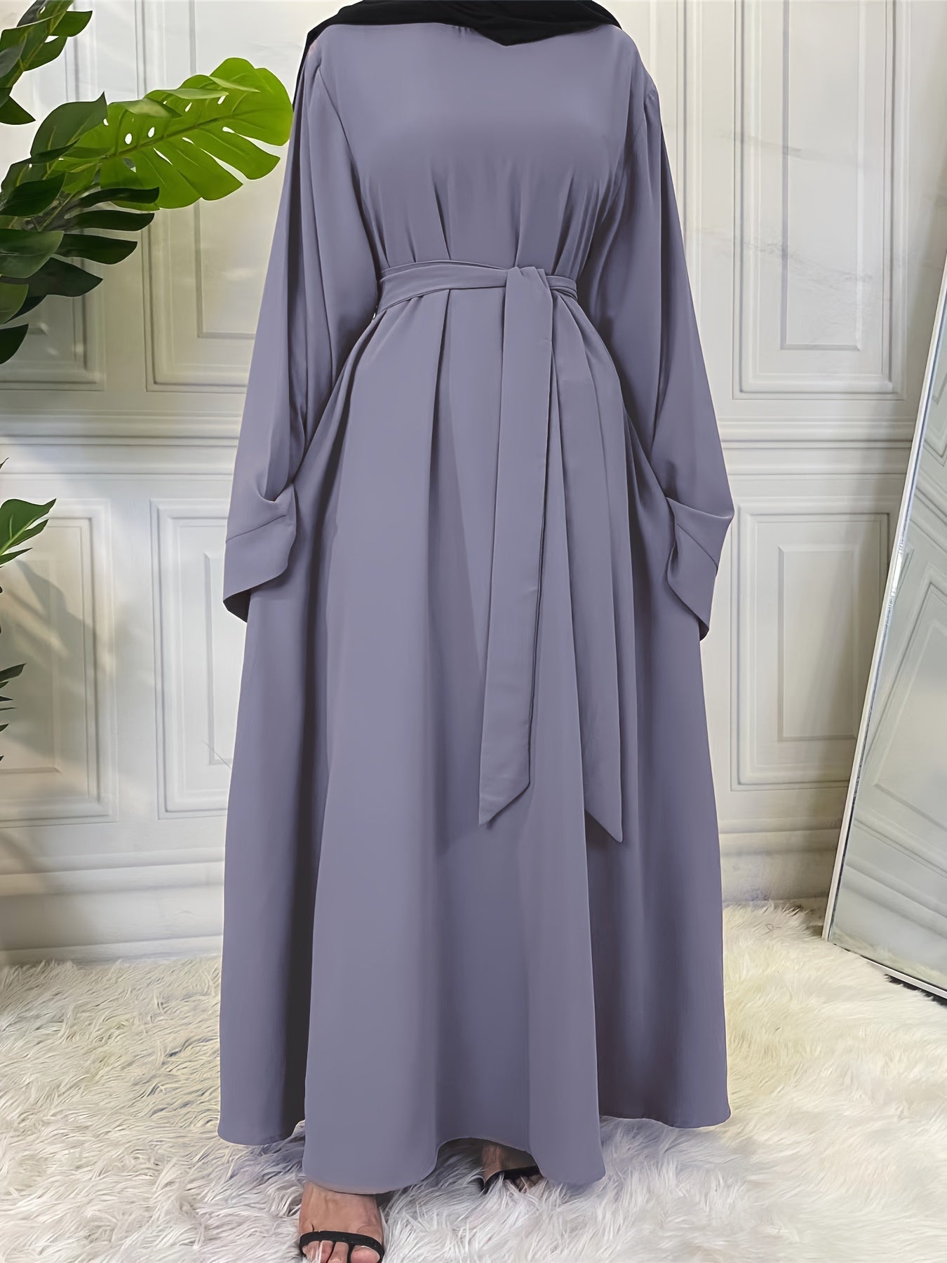 Casual Abaya Dress Women's Plus Solid Long Sleeve Round Neck Maxi Jala