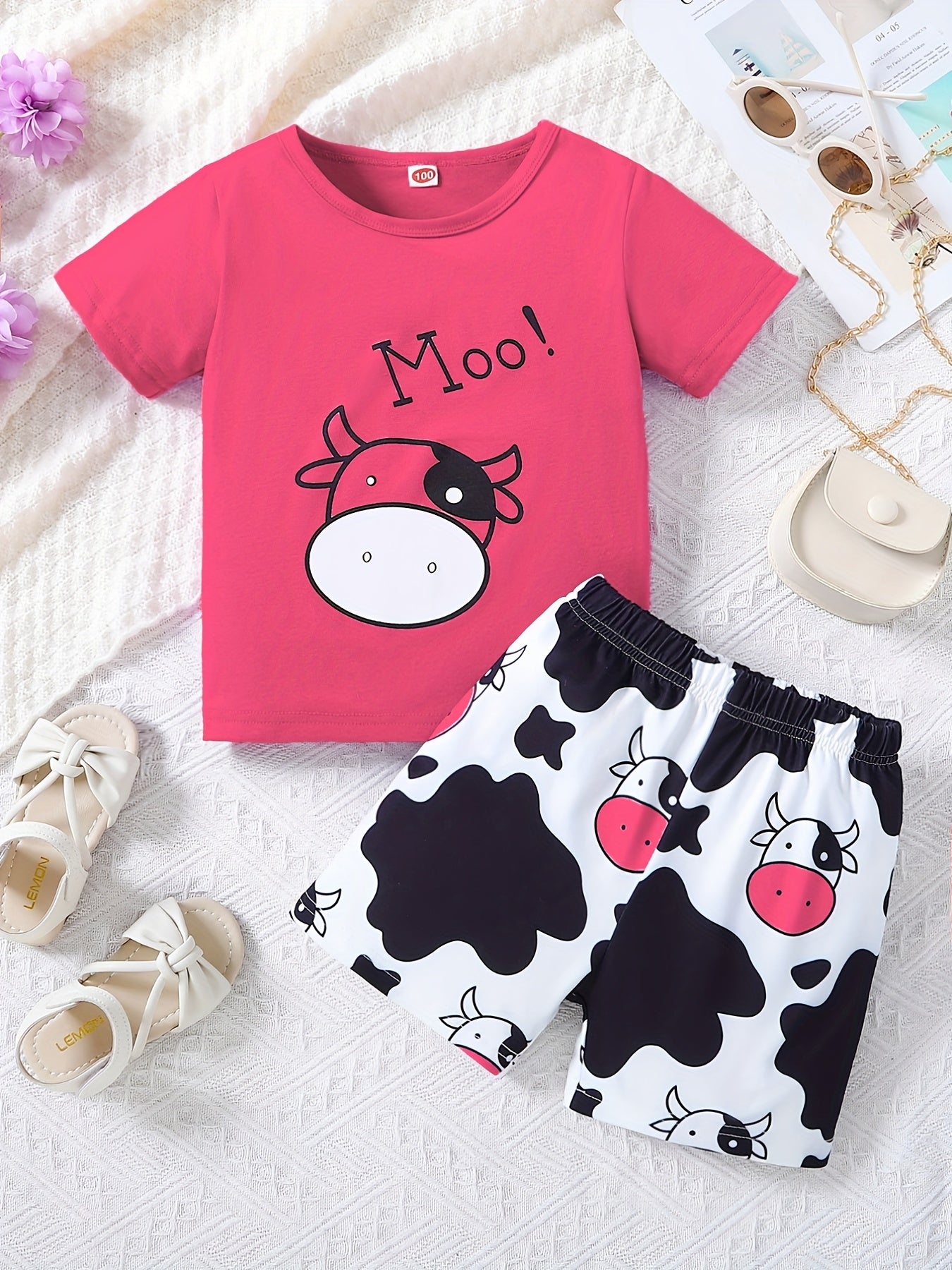 2pcs Girl's Sets Cow Print Shorts Suit Kids Summer Clothes