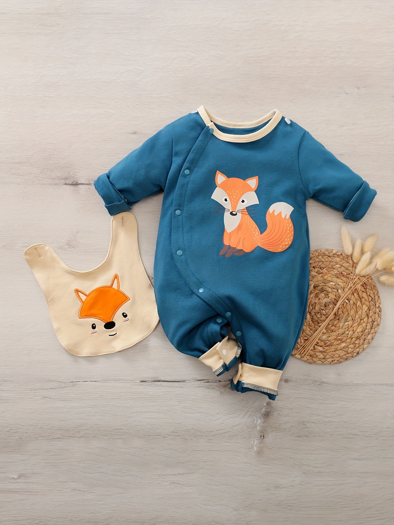 Fox Pattern Cotton Baby Jumpsuit with Bib
