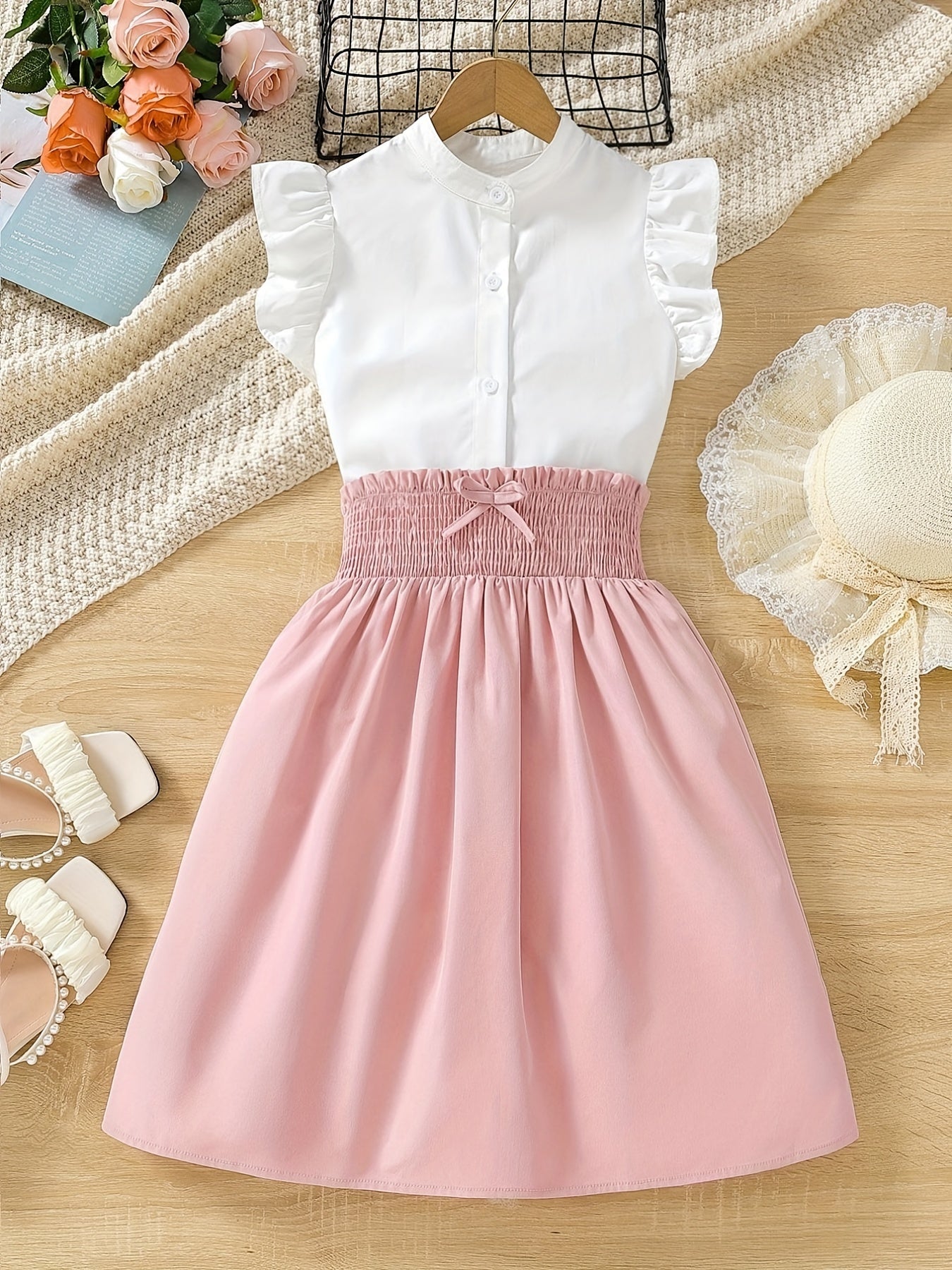 Girl's 2pcs Sleeveless Shirt & A line Skirt Set for Spring Summer