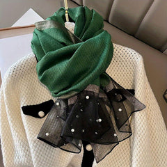 Faux Pearl Decor Chiffon Scarf Silk Shawl Block Head Wrap Hijab