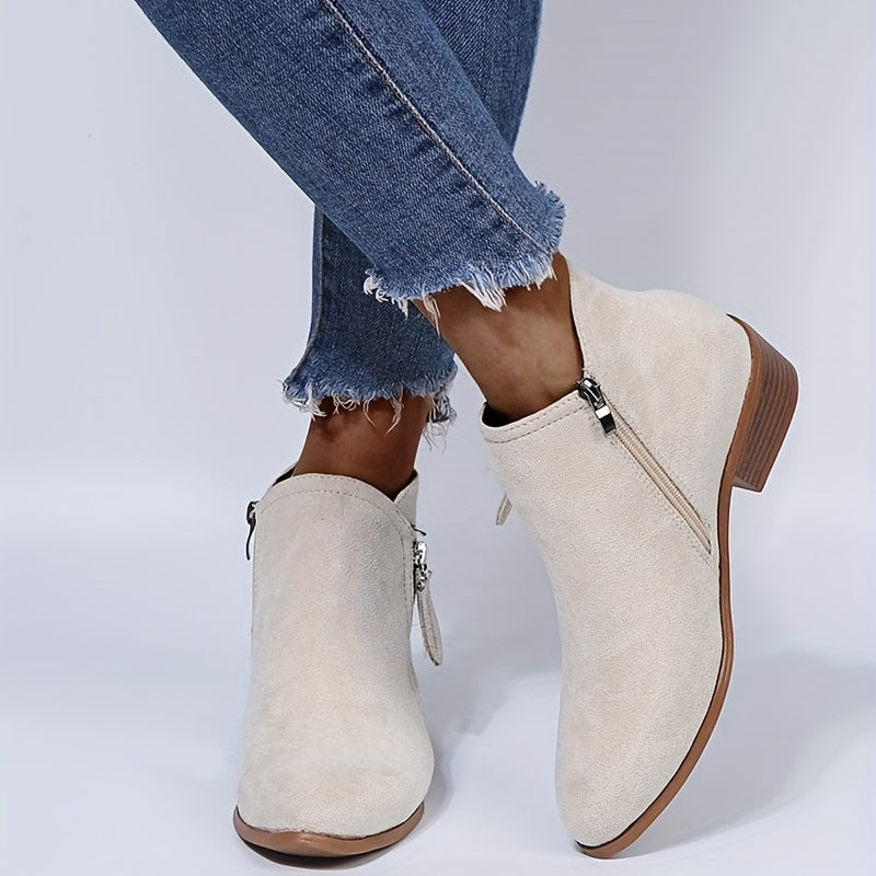 Women's Stacked Heel Ankle Boots Round Toe Side Zipper Casual Short Boots