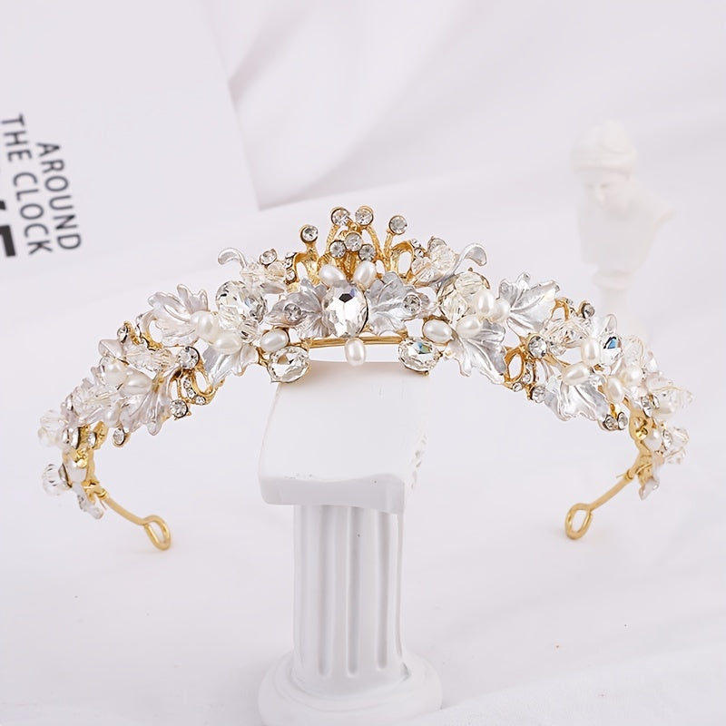 Vintage Golden Crystal Faux Pearl Rhinestone Tiara Wedding Jewelry
