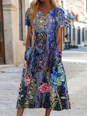 Boho Dress Women's Plus Floral Print Short Sleeve